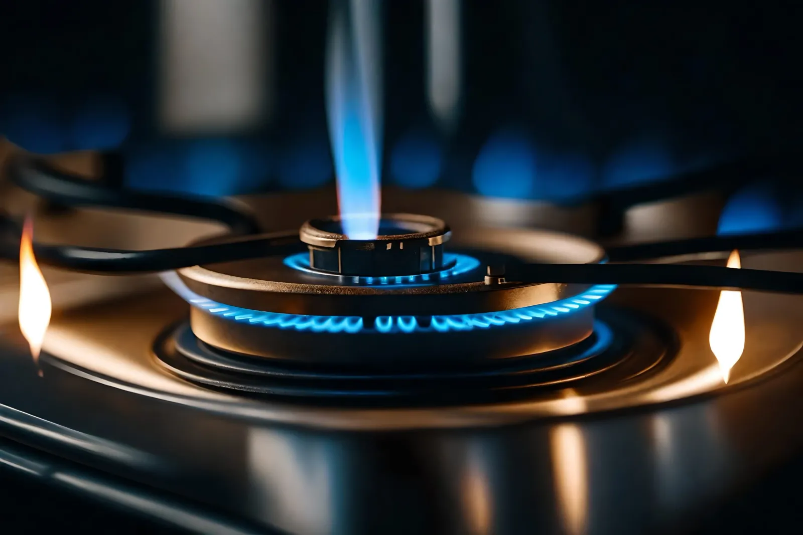 A gas hob burner alight, its ring of flame burning blue.